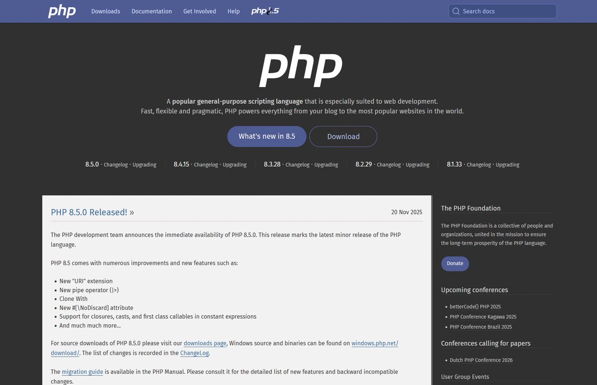 BohuslavSimek's tweet image. This may sound harsh and  probably controversial. But the release of PHP 8.5 sent me back to the  official PHP site and reminded me why PHP feels like a legacy product.

Legacy  not as in abandoned, but as a technology that stays around, is  maintained, and is mostly used by…