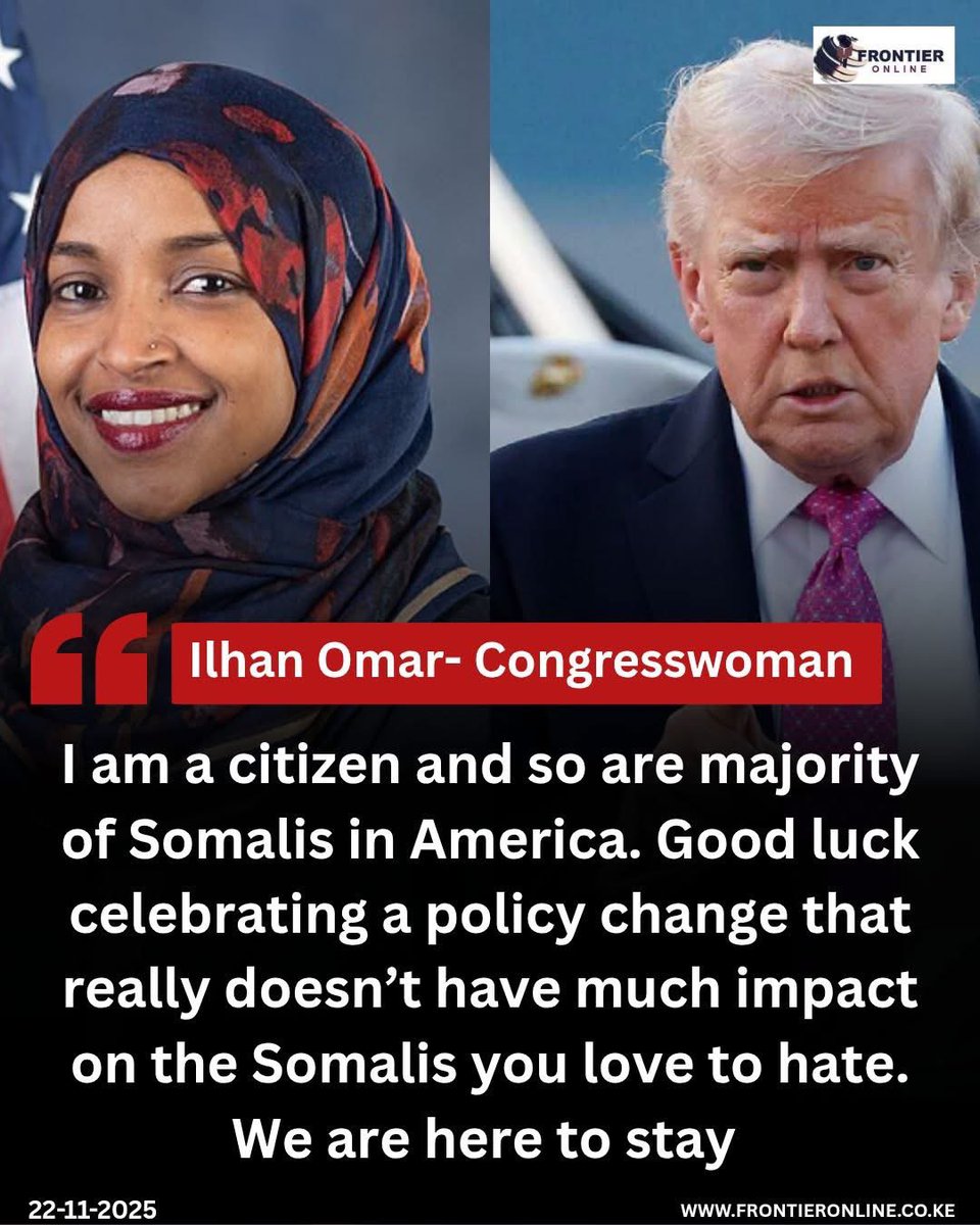 FrontierOnlineK's tweet image. Congresswoman @IlhanMN has responded to U.S. President Donald Trump’s decision to end Temporary Protected Status (TPS) for Somali nationals, saying she and the majority of #Somalis in #America are citizens. 

She added that the policy change has little impact on the community and