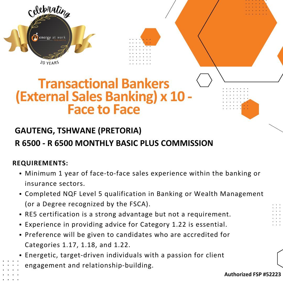 EAW_Projects's tweet image. Transactional Bankers (External Sales) x10 — Face to Face

🔗 Apply now:
webapp.placementpartner.com/wi/vacancy/?sh… 

#EnergyAtWorkProjects #EAWP #Energy #Passion #HumanTouch #TalentExperts #PassionForPeople #EAWPFamily #SACompanies #SABusiness #TransactionalBankers #Banking #FinancialServices