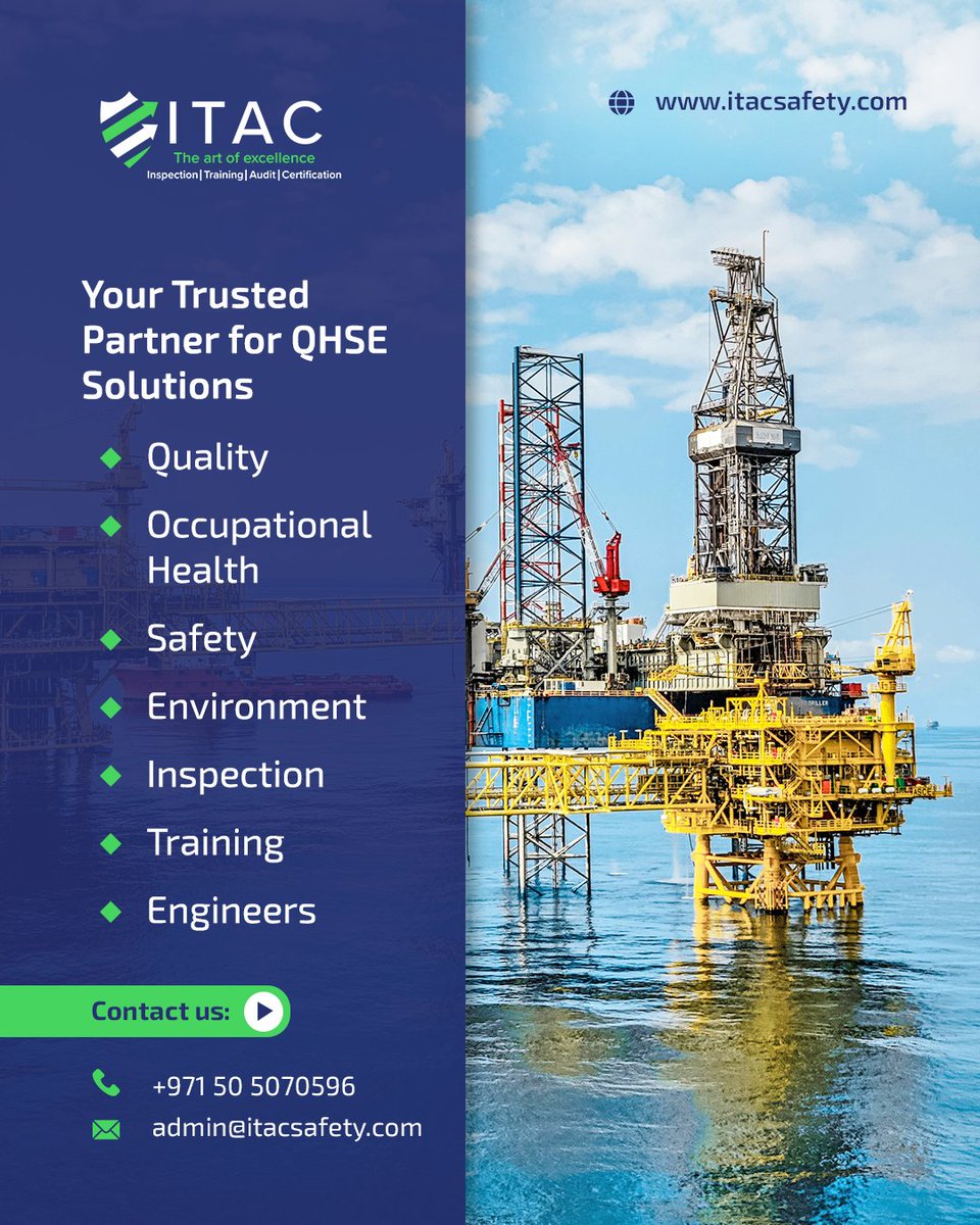 ItacSafety's tweet image. Your safety is our priority.

ITAC delivers trusted QHSE solutions that help companies meet global standards in quality, occupational health, safety, and environmental compliance.

#QHSESolutions #SafetyServices #InspectionServices #TrainingServices  #WorkplaceSafety #ITACSafety