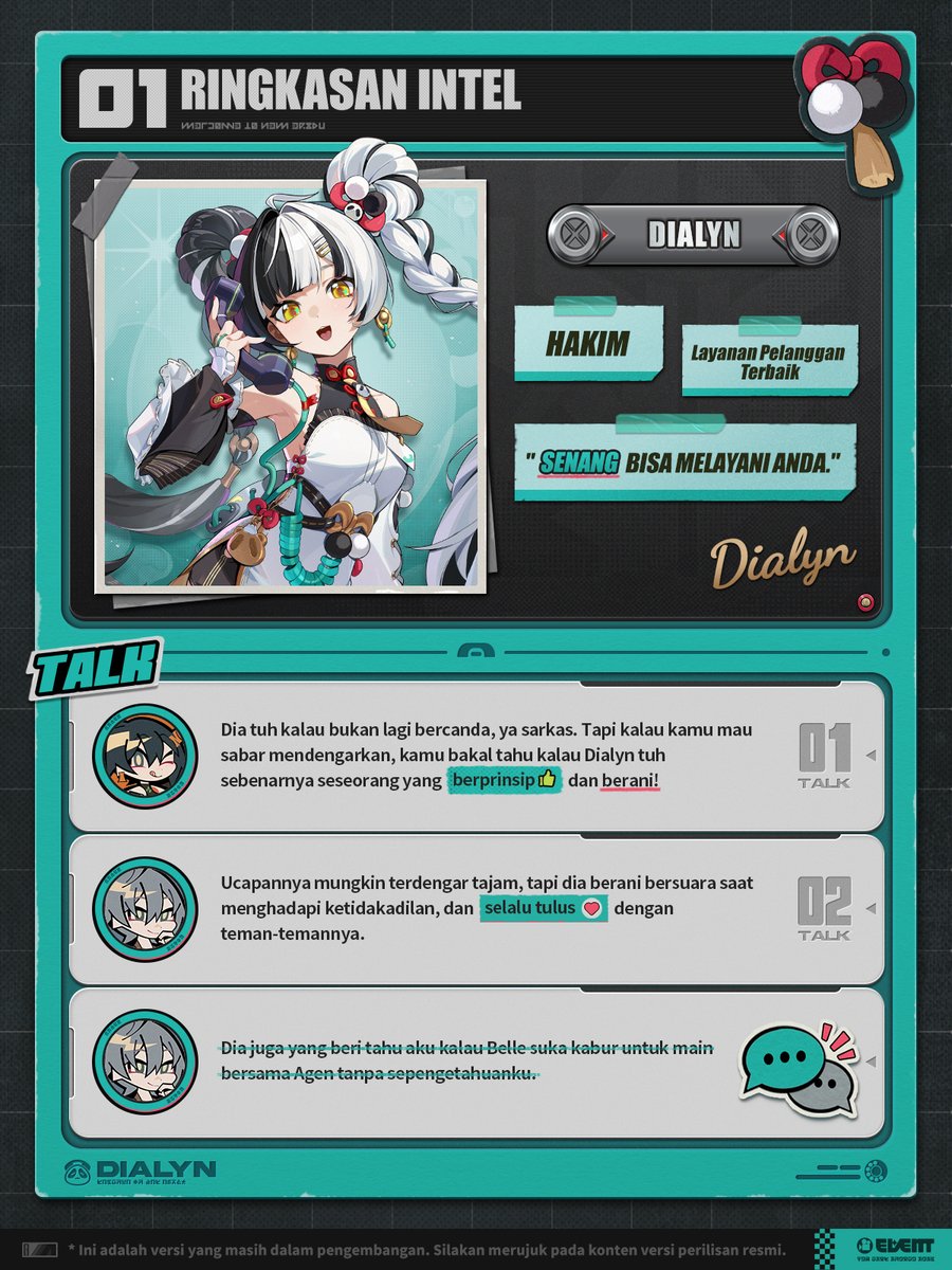 ZZZ_ID's tweet image. Video Agen Non-Arsip: Dialyn

&quot;Kok buru-buru? Mau kabur sebelum yang nagih utang datang, ya~?&quot;

#zzzero #zenlesszonezero
#Dialyn