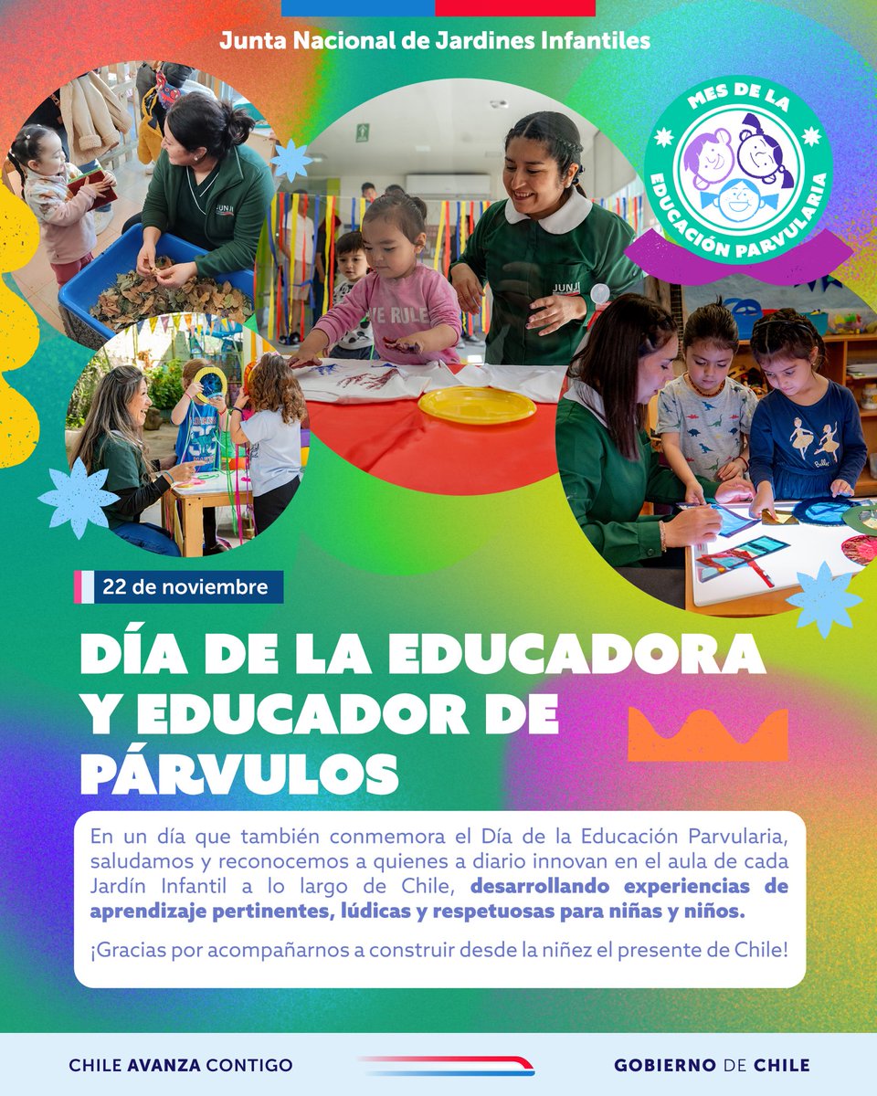 JUNJI_Chile's tweet image. 🌱 Este 22 de noviembre celebramos el Día de La Educación Parvularia, pero también, a las Educadoras y Educadores de Párvulos que a diario innovan y transforman la vida de miles de niñas y niños en el aula. ✨