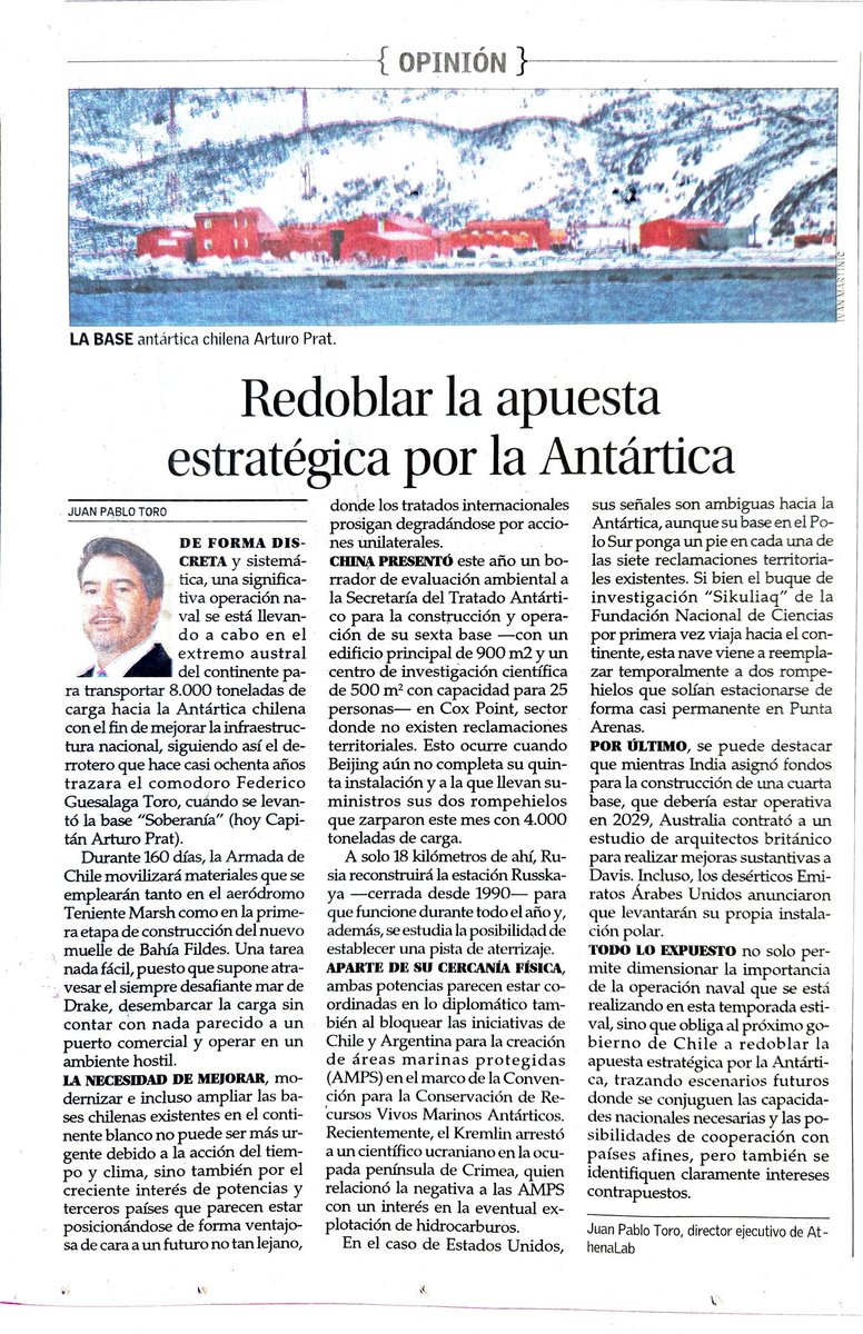 El próximo Gobierno de Chile debe redoblar la apuesta estratégica por la Antártica. En la actual campaña se están movilizando 8.000 toneladas de carga para mejorar la infraestructura nacional, eso y más se necesita. Mi columna <a href="/AthenaLabOrg/">AthenaLab</a> <a href="/__elmercurio/">El Mercurio</a>