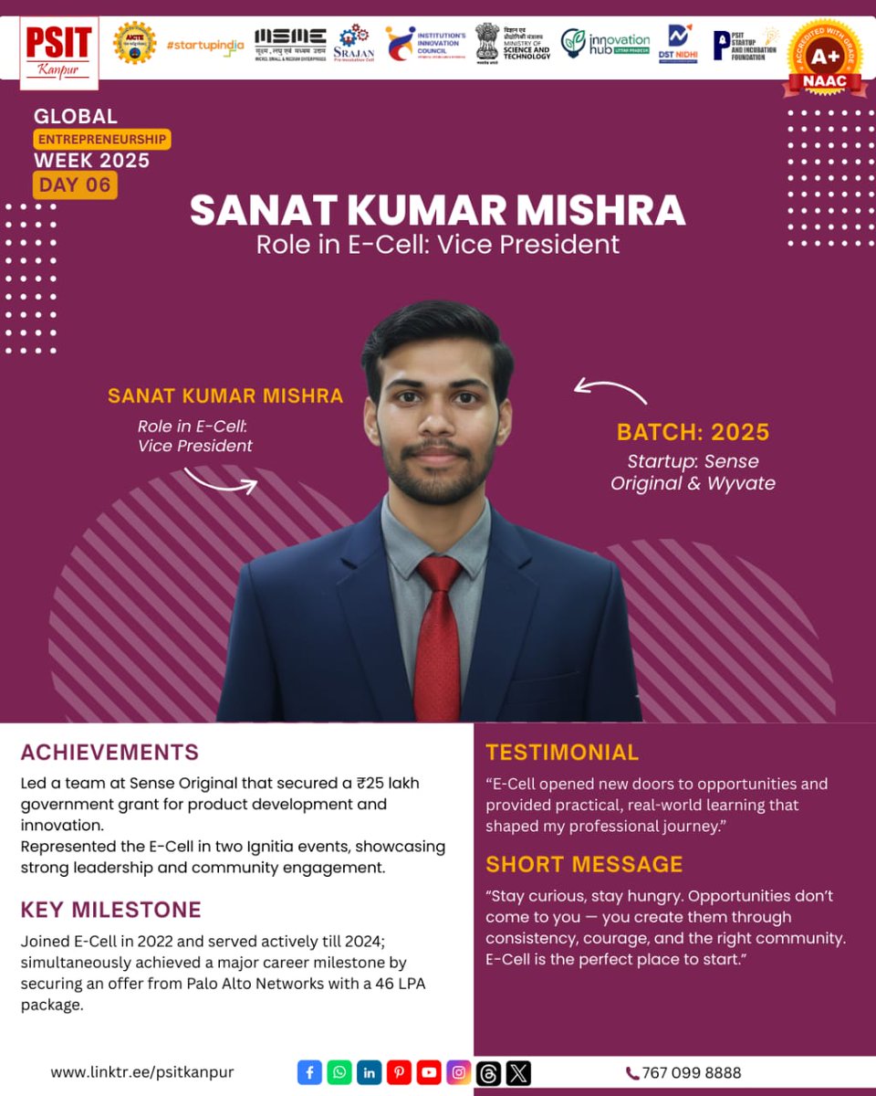 Honoring Excellence this Global Entrepreneurship Week — Day 06 
PSIT SIF proudly highlights E-Cell alumni Sanat Kumar Mishra &amp; Rishabh Didwania 
Celebrating alumni who continue to inspire future innovators. 
#Day06 #GlobalEntrepreneurshipWeek #PSITSIF #ECell #AlumniSpotlight