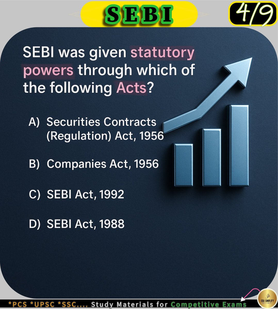 edusimplify's tweet image. SEBI was given powers through which of the following acts? #UPSC #SSC #WBCS #EduSimplify