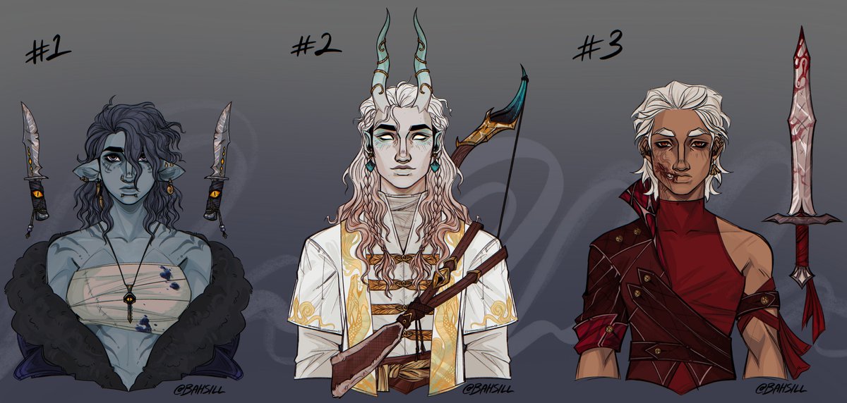 Bahsill's tweet image. OK... ok I am quite happy with how these adopts turned out!! 🥹 will definitely be doing an accessory/weapon with them from now on &amp;gt;:D

✨$95 USD each, P*yPal only!  
✨Changes allowed, but please don't edit the art!  
✨DM or comment to claim!