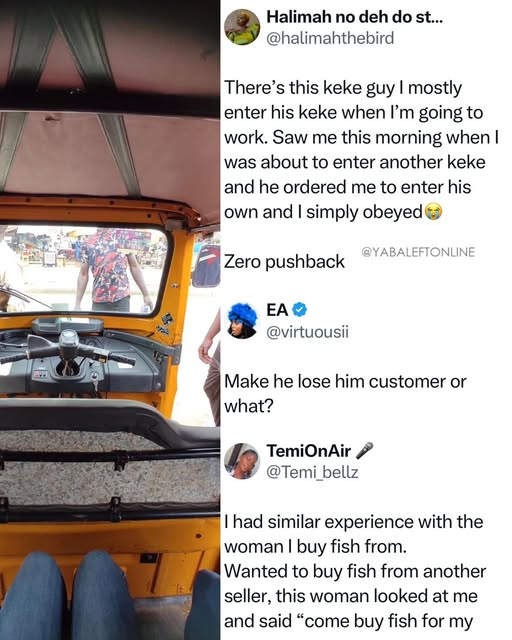 Lady shares how her regular Napep rider ordered her to enter his keke when she was about to board another.