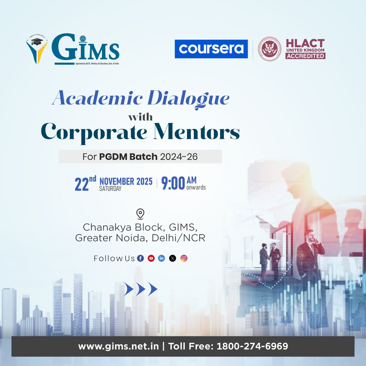 gims_net_in's tweet image. GIMS is organizing an Academic Dialogue Session with corporate mentors for the PGDM 2024–26 batch, offering industry insights, career guidance, and support for a smooth transition from campus to corporate life. 
#GIMS #CorporateReadinessProgram