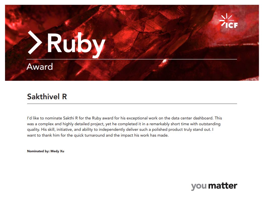 ✨ 𝐆𝐫𝐚𝐭𝐞𝐟𝐮𝐥 &amp; 𝐇𝐨𝐧𝐨𝐫𝐞𝐝  ✨

I’m happy to share that I received the 𝐑𝐮𝐛𝐲 𝐀𝐰𝐚𝐫𝐝 at hashtag ICF for appreciation of my work.