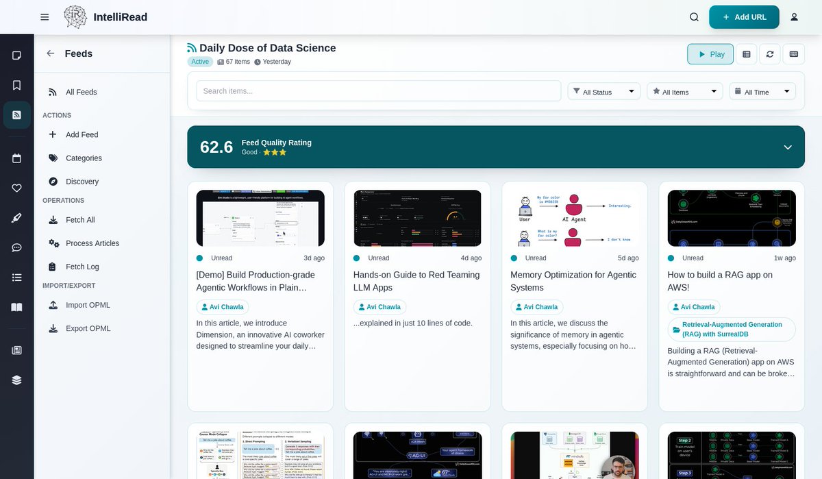 gauthampai's tweet image. This is what the IntelliRead feed reader looks like currently.

A revamped card view, personalized feed quality rating, keyboard shortcuts and more!

#buildinpublic #feedreaders #knowledgeextraction