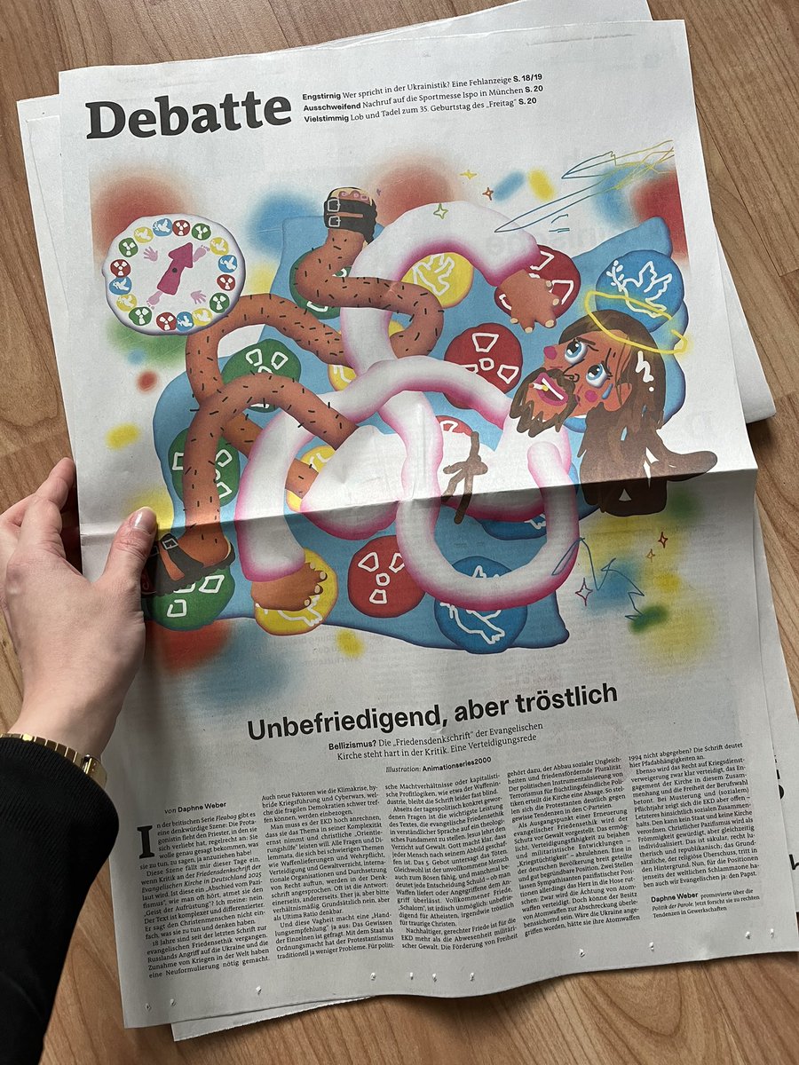 Die schönsten Illustrationen sind, wie immer, in <a href="/derfreitag/">der Freitag</a> ❤️‍🔥
Ich habe über die neue Friedensschrift der <a href="/EKD/">Evangelische Kirche</a> geschrieben – kritisiert, aber auch verteidigt. 

freitag.de/autoren/der-fr…