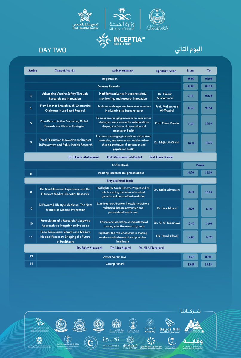 #إعلان | 📣

جاهزين لرحلة في عالم المعرفة ؟ 🔬
نعلن لكم عن أجندة مؤتمر حائل الدولي للبحث العلمي والإبداع والابتكار في مستقبل الرعاية الصحية (INCEPTIA) ، برعاية كريمة من سمو أمير منطقة حائل . 

🗓️ 24- 25 نوفمبر 2025 

🔗 انضمو معنا وشاركونا الرحلة :
hailthy.net/inceptia/