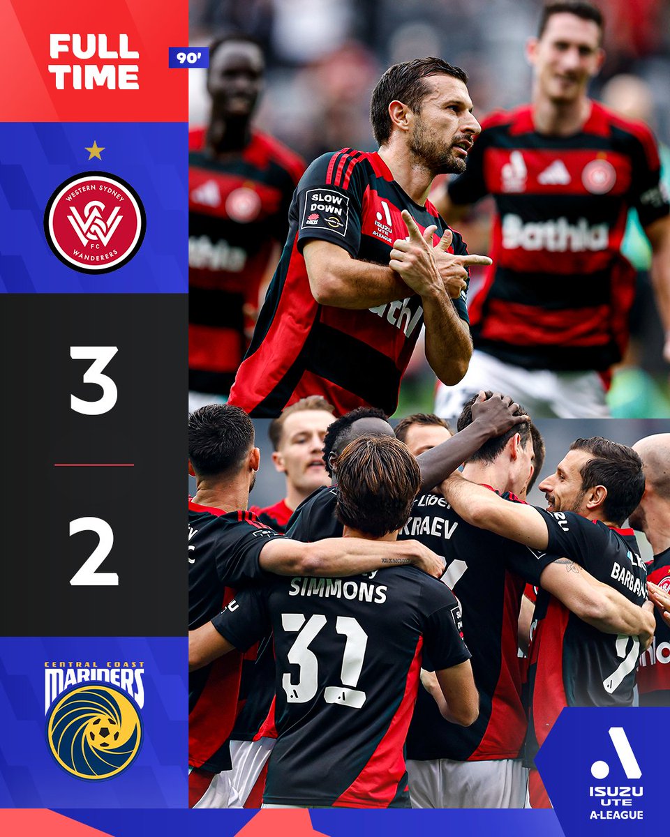aleaguemen's tweet photo. .@wswanderersfc earn their maiden win of the campaign after a thrilling five-goal first half! 👏🔴

A-Leagues great Kosta Barbarouses was the standout with a brace in front of the home fans at CommBank Stadium.

Match report: https://t.co/5H74dha86D https://t.co/pq6xsFJKPC