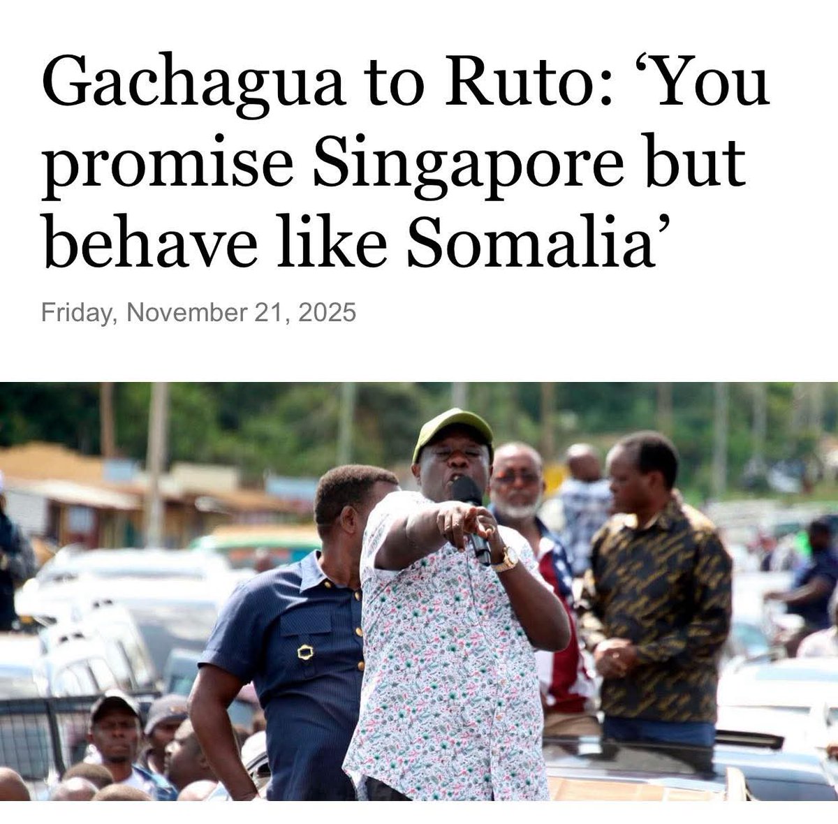 Gachagua oo ahaa Madaxweyne ku-xigeenkii hore ee Kenya hadana hoggaanka u hayo xisbiga mucaaradka ee  DCP ayaa  adeegsaday cabsi siyaasadeed, balse Soomaaliya maanta waa dal soo kabanaya oo aan tusaale xun loo adeegsan karin.