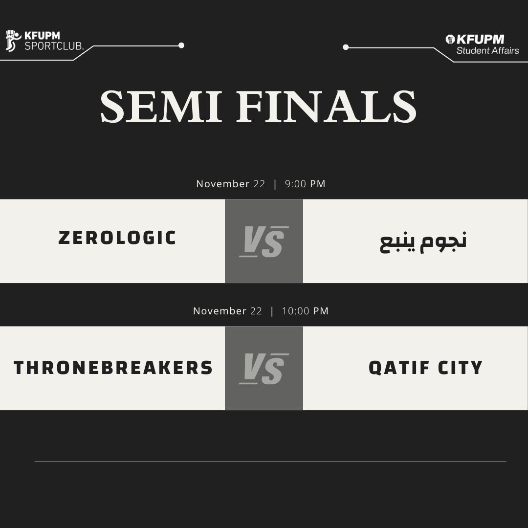 حان وقت الحسم!
نصف النهائي | 22 نوفمبر — 9:00م و10:00م
لا مجال للأخطاء… التأهل أو نهاية المشوار. 🔥
توقعاتكم للمتأهلين إلى النهائي؟ 👇
#أبطال_البترول #KFUPM