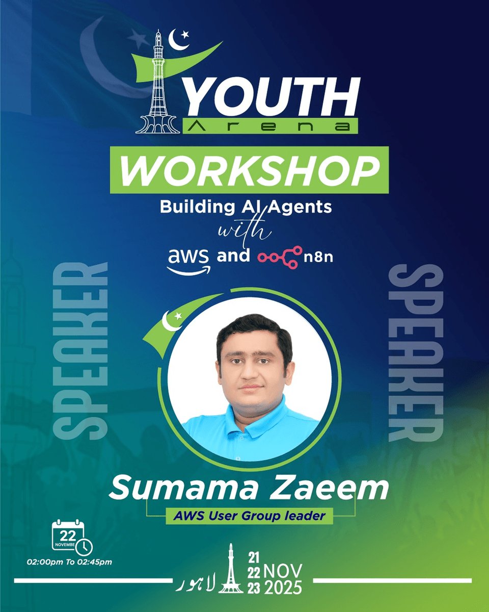 sumamazaeem's tweet image. Thrilled to be speaking about AI agents with AWS &amp;amp; n8n at the historic Minar-e-Pakistan! 🎤🤖 Standing where Quaid-e-Azam envisioned our nation is surreal. So grateful to share, learn, and build with this amazing community! 🇵🇰 #AI #TechPakistan