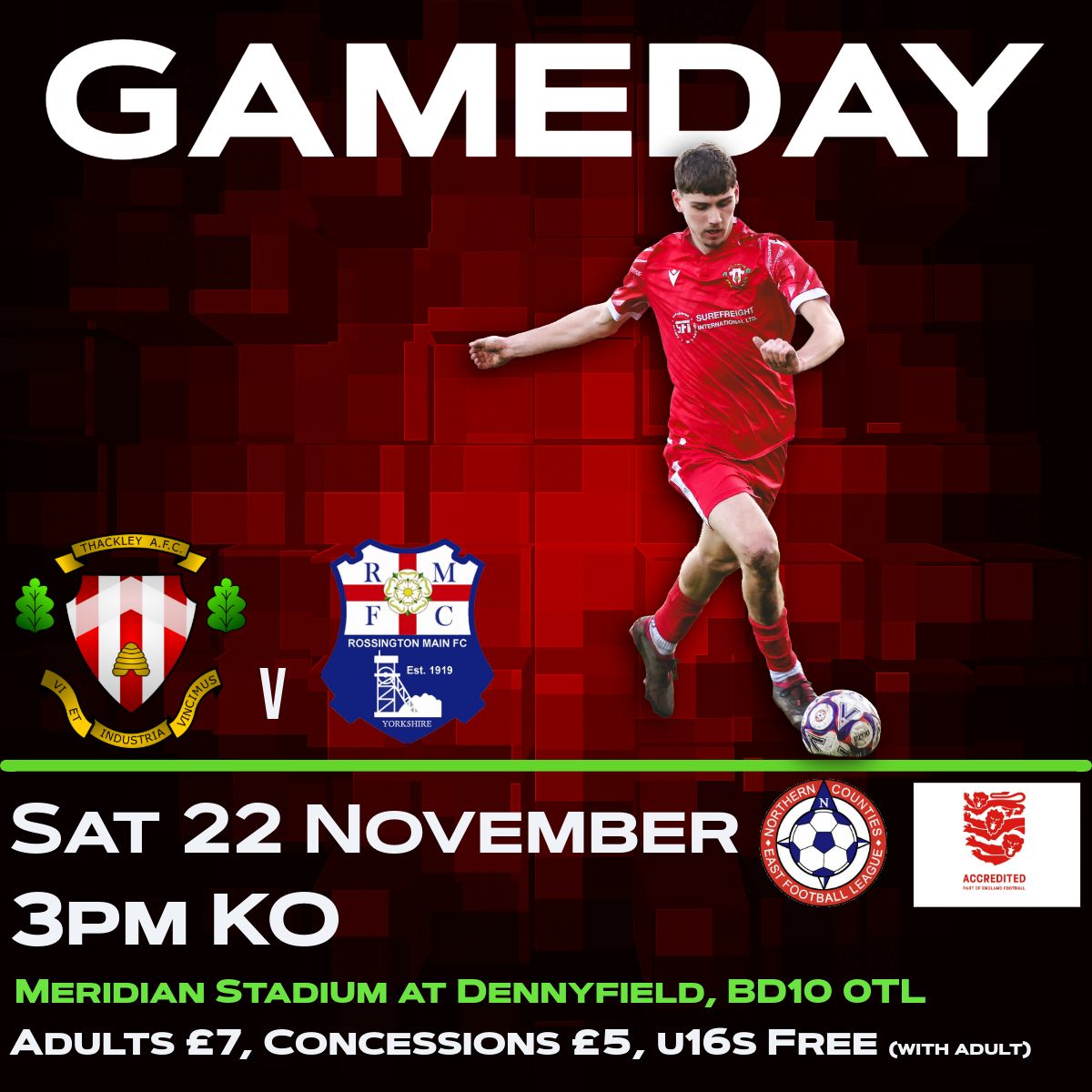 ThackleyAFC's tweet image. 𝗚𝗔𝗠𝗘𝗗𝗔𝗬 🔴⚪

Back on home soil at the Meridian Stadium at Dennyfield today as we welcome @RMFC1919

We hope you can join us with #BCAFC away and #LUFC playing tomorrow

Arthur&apos;s Bar is open from 12.30pm and the turnstiles at 2pm (cont 1 of 2)

#ThackleyAFC