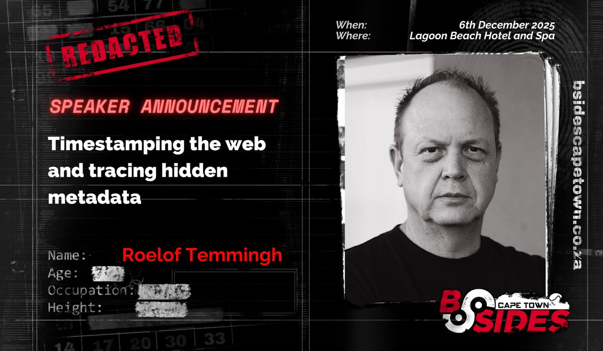An OG is taking the stage.

<a href="/RoelofTemmingh/">Roelof Temmingh</a> presents Timestamping the web and tracing hidden metadata, showing how BetaMeta uncovers when a webpage was created using buried timestamps, metadata and archive clues.

A must see for investigators, researchers and OSINT fans.
<a href="/ubikron/">ubikron</a>