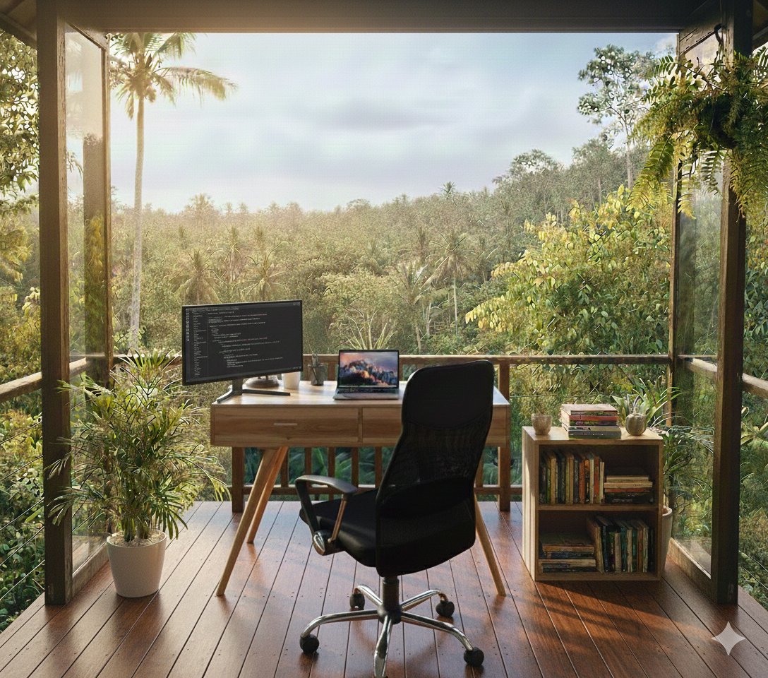 bedaarta's tweet photo. Using my current desk and chair as inspiration for my future home office. I've got a piece of land with this kind of view. https://t.co/oQpxtq5fWS