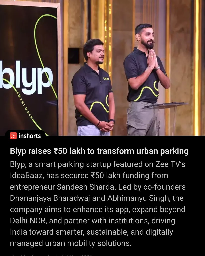 kharakSinghh's tweet photo. Urban parking solutions startup Blyp has raised
*50 lakh from entrepreneur Sandesh Sharda as part of its ongoing bridge round, following its pre-Series A funding🔥
#Blyp #StartupIndia #FundingNews #UrbanMobility #TechStartup #kharaksingh https://t.co/ajk8U8eiz8