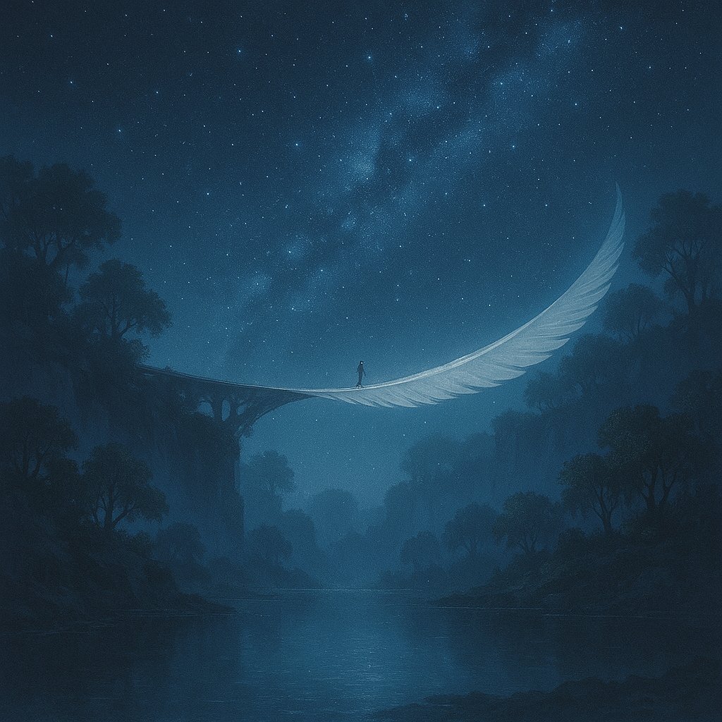 funfungen's tweet image. 🪶夜凪の羽橋
風ひとつない夜、羽根の橋が空を渡る。
星影だけが水に揺れ、夢の音がきこえる。
 #幻想風景 #羽橋 #夜凪