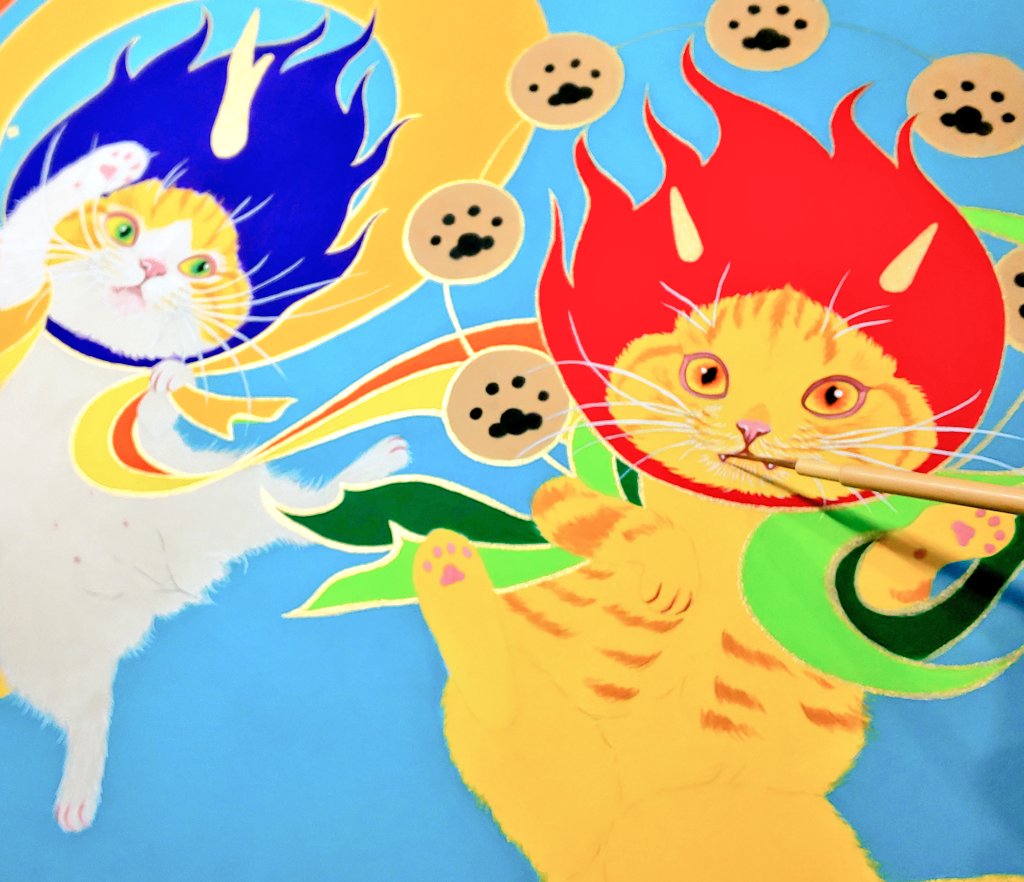 ⚡️まだまだ制作中にゃ～⚡️ #日本画 #筆 #猫のいる暮らし #風神雷神