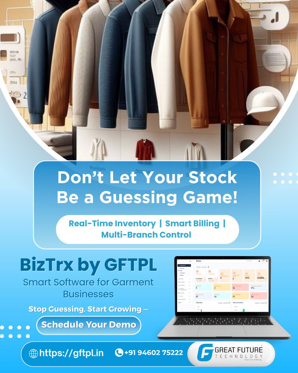 GreatFutureTech's tweet image. “Do we really have size M in blue?”
If your team still asks this daily, you don’t need more staff - you need clear stock visibility.

#BizTrx by #GFTPL gives you real-time inventory for every size, color &amp;amp; branch.

Book your demo.
Grow with clarity, not confusion.
#BusinessGrowth