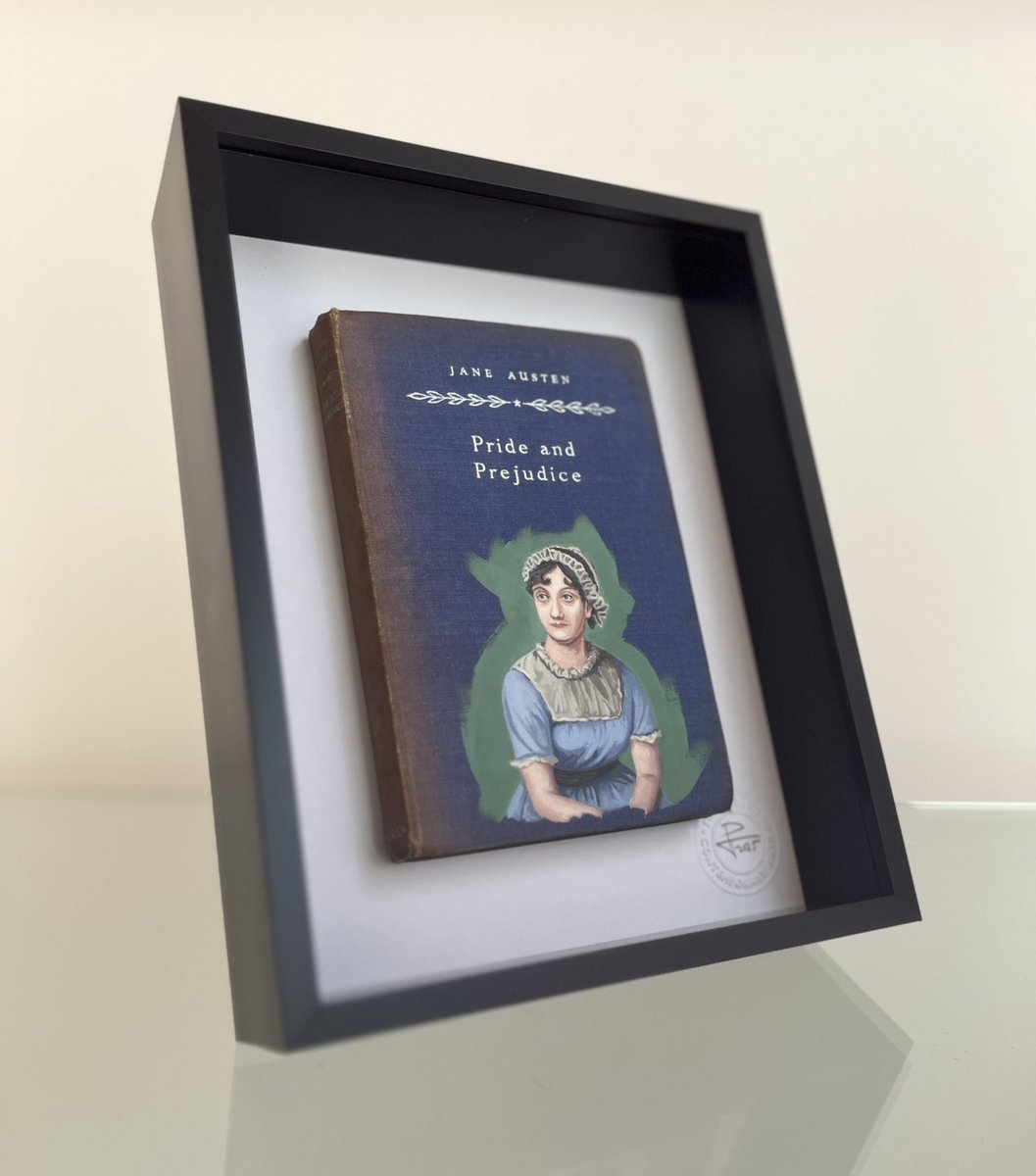 To mark #JaneAusten’s 250th birthday this December, I’ve painted her portrait  onto the hardback cover of a 1947 #PrideandPrejudice. Beautifully mounted in a deep box frame and ready to display - a perfect #Christmas gift for any Austen fan. DM me to purchase.🎄🎁#JaneAusten250