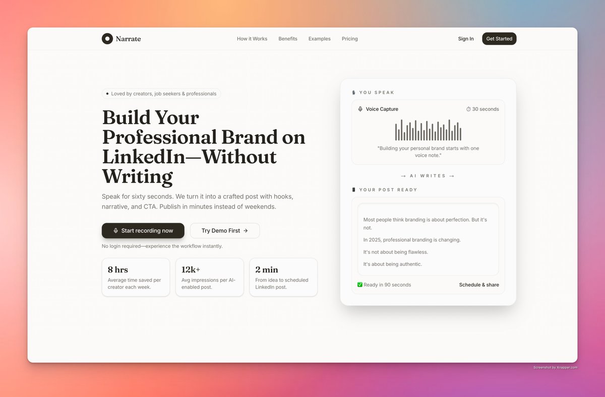 mdjunaidap's tweet image. Spent 2 months building this.
trynarrate.com

8 hours saved per creator, per week.
From voice note → LinkedIn post in 90 seconds.

50 founders messaged.
5 tried it.
995 to go.