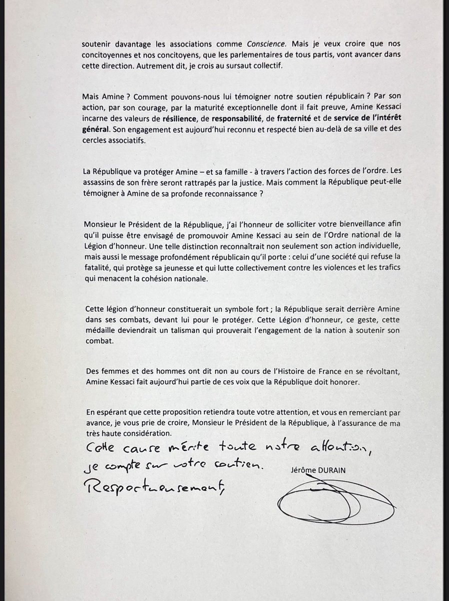 𝐈𝐥 𝐟𝐚𝐮𝐭 𝐮𝐧 𝐬𝐮𝐫𝐬𝐚𝐮𝐭.

J'ai écrit à <a href="/EmmanuelMacron/">Emmanuel Macron</a> 𝐩𝐨𝐮𝐫 𝐥𝐮𝐢 𝐩𝐫𝐨𝐩𝐨𝐬𝐞𝐫 𝐝𝐞 𝐫𝐞𝐦𝐞𝐭𝐭𝐫𝐞 𝐥𝐚 𝐥𝐞́𝐠𝐢𝐨𝐧 𝐝'𝐡𝐨𝐧𝐧𝐞𝐮𝐫 𝐚̀ <a href="/kessaciamine1/">Amine Kessaci</a> . Une telle distinction reconnaîtrait son action individuelle et son message républicain :