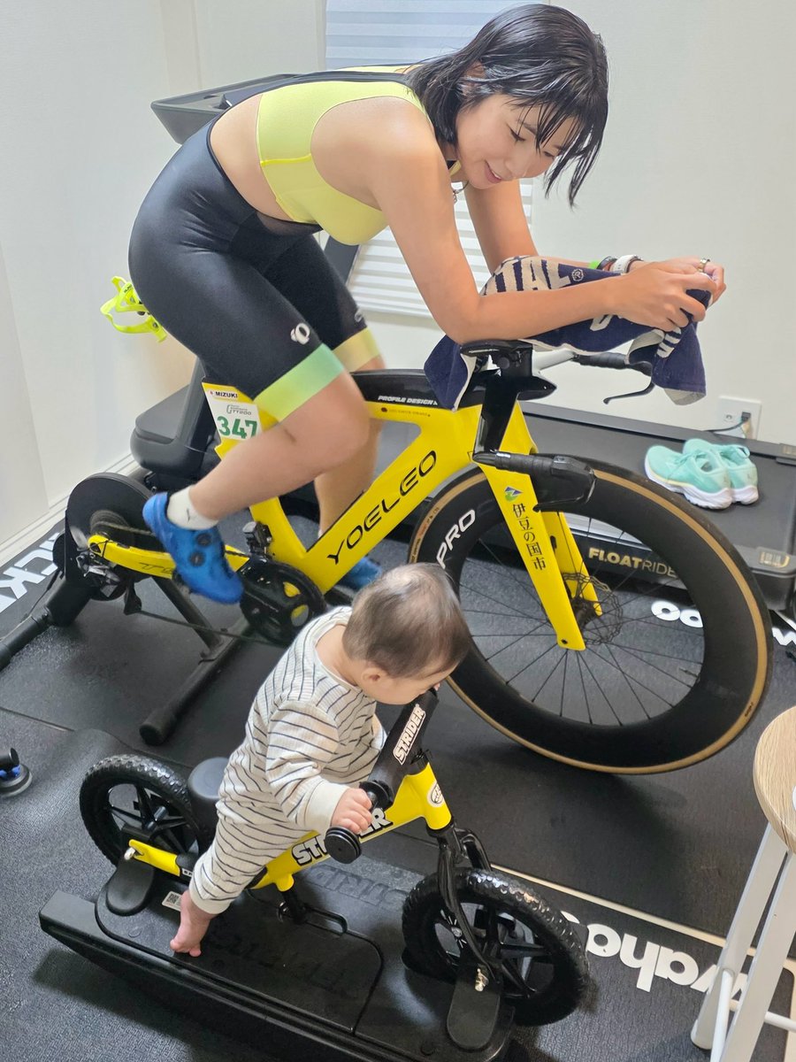 mzk_cyc's tweet image. 我が家のインドアトレーニング🚴‍♀️👶💛💛