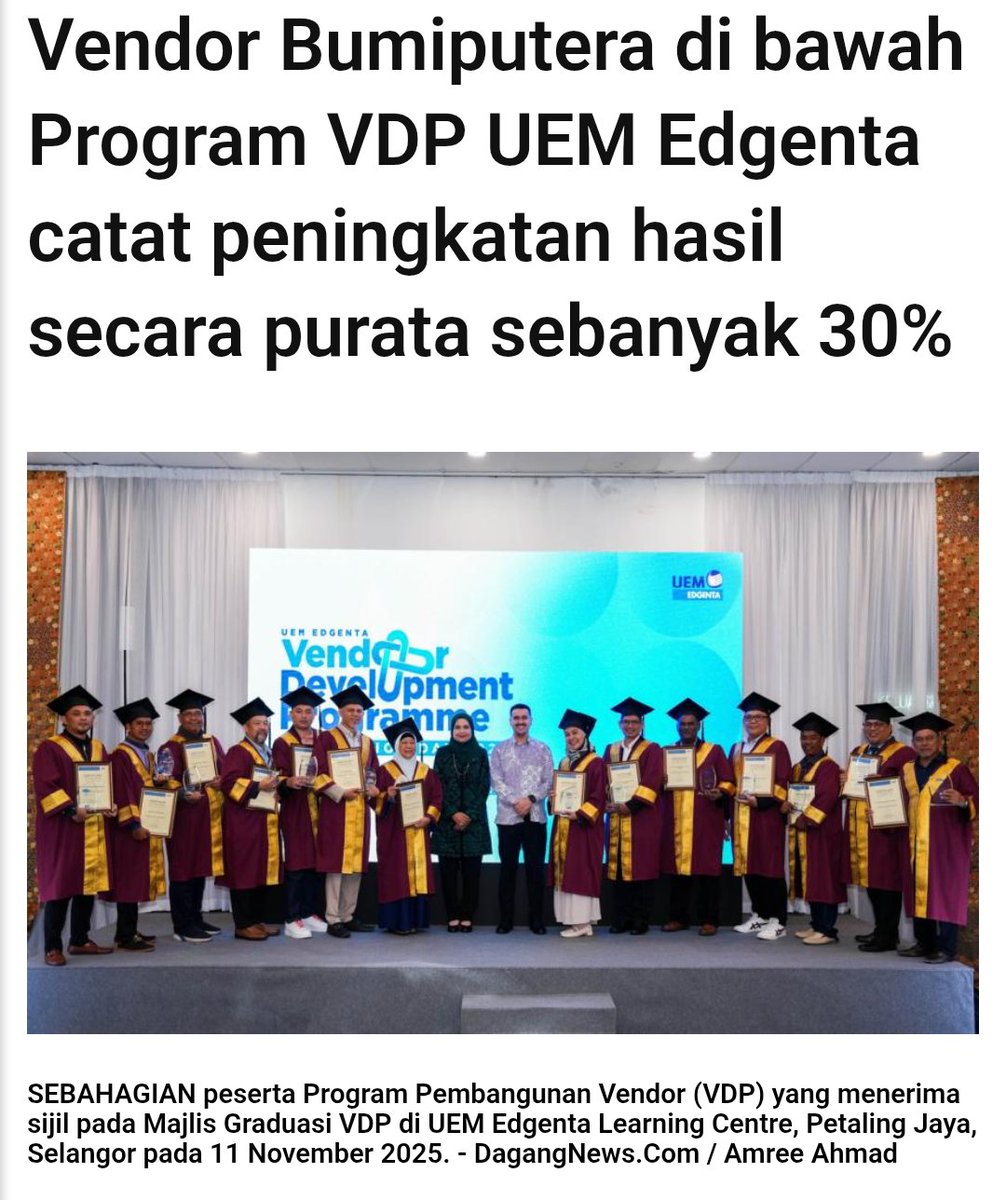 UEM Edgenta terus memperlihatkan usaha &amp; komitmen membantu bumiputera apabila hampir 56% drpd jumlah perbelanjaan perolehan syarikat setakat tahun ini disalurkan kpd vendor bumiputera.

Program Pembangunan Vendor pula mencatat impak positif apabila para peserta catat purata