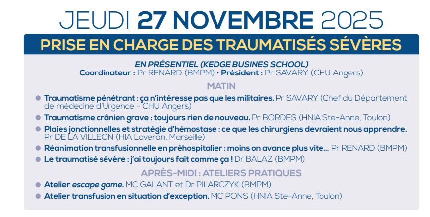 SMURBMPM's tweet image. On vous attends nombreux ce jeudi 27 novembre pour le premier JDU de la saison 2025-2026 sur la prise en charge des traumatisés sévères !

On vous attend nombreux !

payasso.fr/les-jeudis-de-…

#ChooseMU