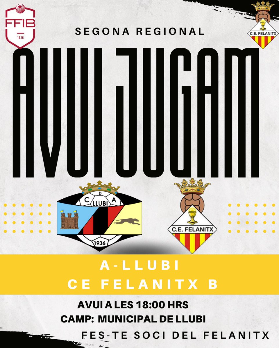 cefelanitx's tweet image. 𝗙𝗶𝗹𝗶𝗮𝗹 

👉 Jornada 10 - Segona Regional Grup B

🆚 A-Llubi  ⏰ 18:00 

🏟️ Municipal de Llubi 

💥 Lluitarem per continuar somiant… 

#vamosfela #orgullfelanitxer