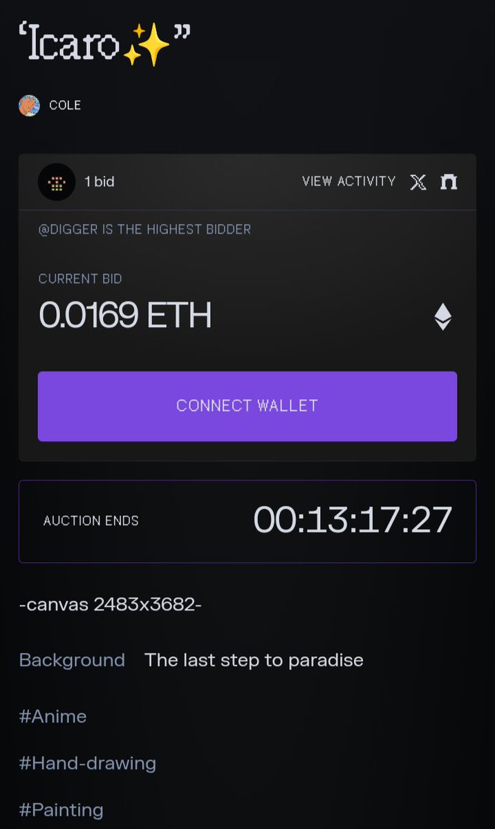 Happy(gm)weekend🫂💙

Only 13 hours left for...
"Icaro✨"
Current bid by <a href="/rektfluf/">Digger 🐤</a>