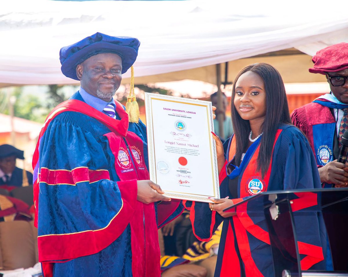 Sul_salem's tweet photo. Congratulations to Longjel Nanret Michael – Best Graduating Student, College of Management and Social Sciences, Salem University.  
Your hard work, resilience, and brilliance have set a high standard. The world is waiting for your impact!  
#SalemUniversity #CMSS #ClassOf2025 https://t.co/WM0xmPOIkB