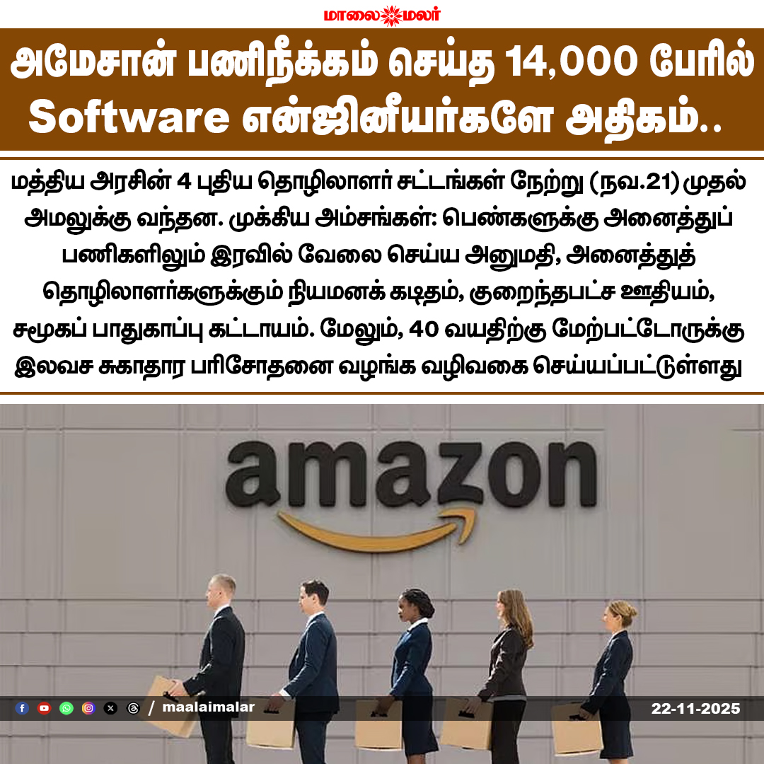 maalaimalar's tweet image. அமேசான் பணிநீக்கம் செய்த 14,000 பேரில்
Software என்ஜினீயர்களே அதிகம்.. 

#AmazonLayoffs #MassLayoffs #SoftwareEngineers #TechNews #CorporateRestructuring #Maalaimalar
