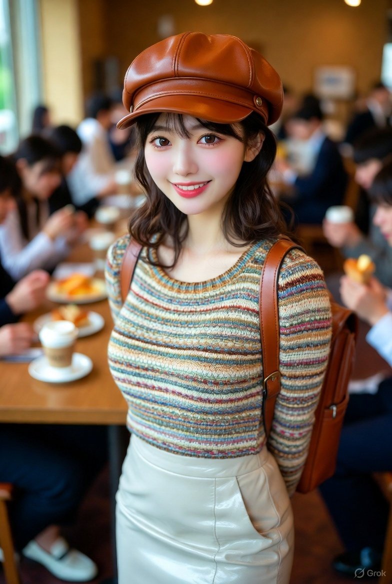 leatherstorage's tweet image. レザーのキャップ、マルチボーダーニット、レザーのリュックサック、レザーのタイトスカートなどのコーディネートです。
背景は昼休みの大学のカフェテリアのイメージです。
#GrokAI #Grok画像 #AIart