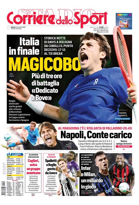 Front Page Corriere dello Sport, Saturday 22 November 2025