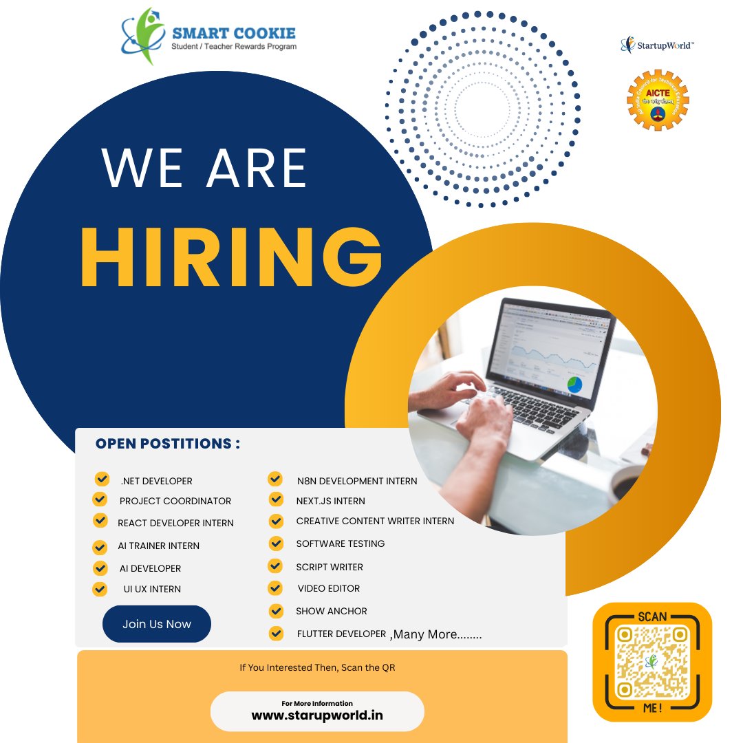 smartcookieinn's tweet image. 🚀 **Smart Cookie is hiring!**
Open roles: **AI, .NET, React, UI/UX, Content Writer, Video Editor, Flutter &amp;amp; more.**

📲 Apply via QR | **starupworld.in**

#Hiring #Internships