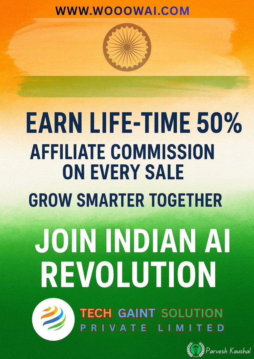 kaushal_parvesh's tweet image. Earn lifetime income with a 50% affiliate commission on every sale and enjoy up to 25% rewards and incentives — all with the WOOOW AI All-In-One Solution.
Register FREE Now: wooowai.com/register?aff=Z…
#WooowAI #TGSPL #AatmanirbharBharat #IndianInnovation #DigitalIndia #AIRevolution