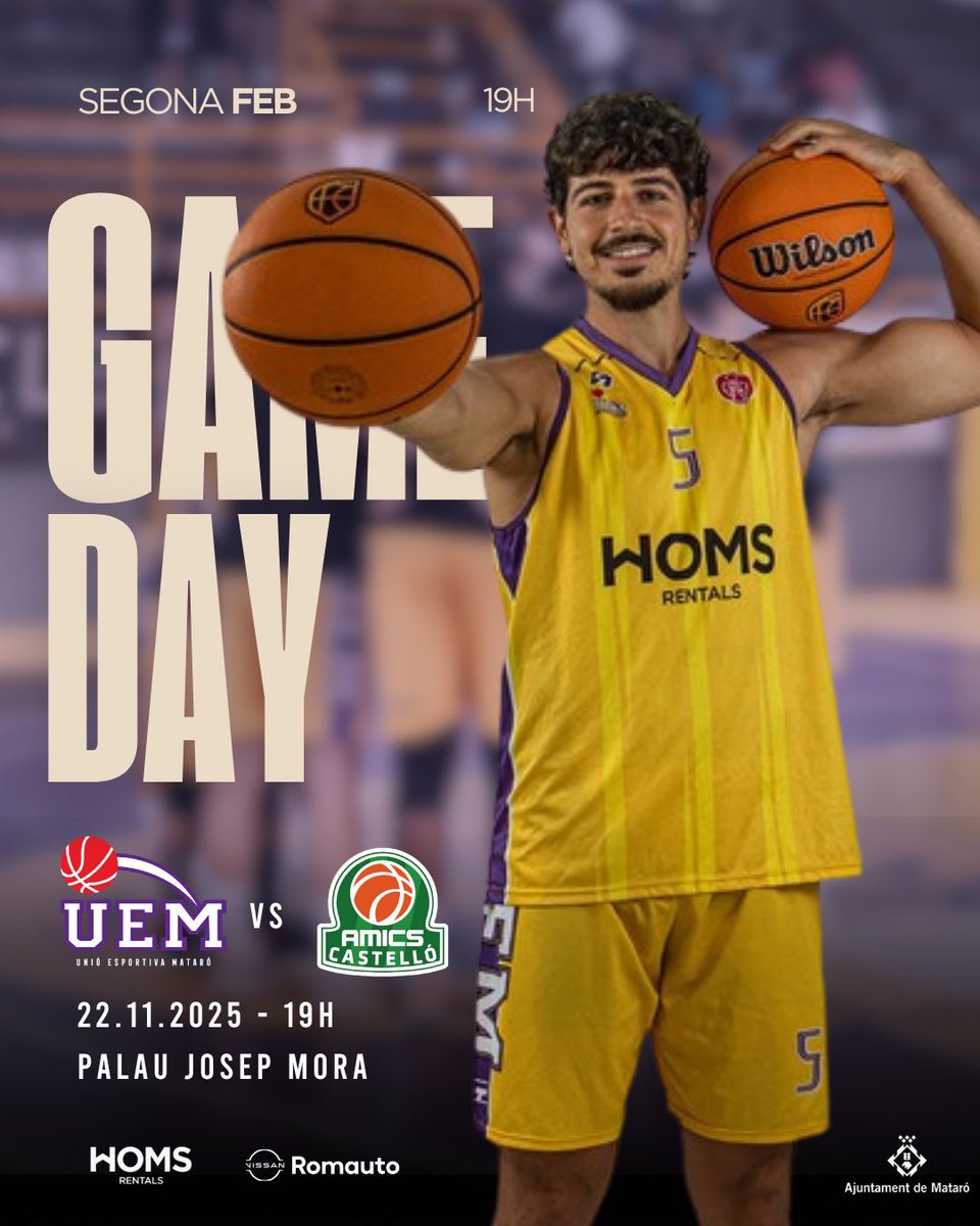 🚨 𝗚𝗚𝗚𝗚𝗔𝗔𝗔𝗔𝗔𝗔𝗠𝗘𝗗𝗔𝗬 𝗔𝗟 𝗣𝗔𝗟𝗔𝗨!
🏠 Dissabte de partit! DISSABTE DE PALAU!

🏀 J8 - 2a FEB 
🟡 Mataró @homsrentals vs @amicscastello1994 
🏠 Palau Josep Mora
📺 En directe per @laligaplus 

💪🏻 VOLEM LA 3a! Som-hi, equip! Som-hi, Palau!
#somgrocs💛💜 #MataróÉs2a