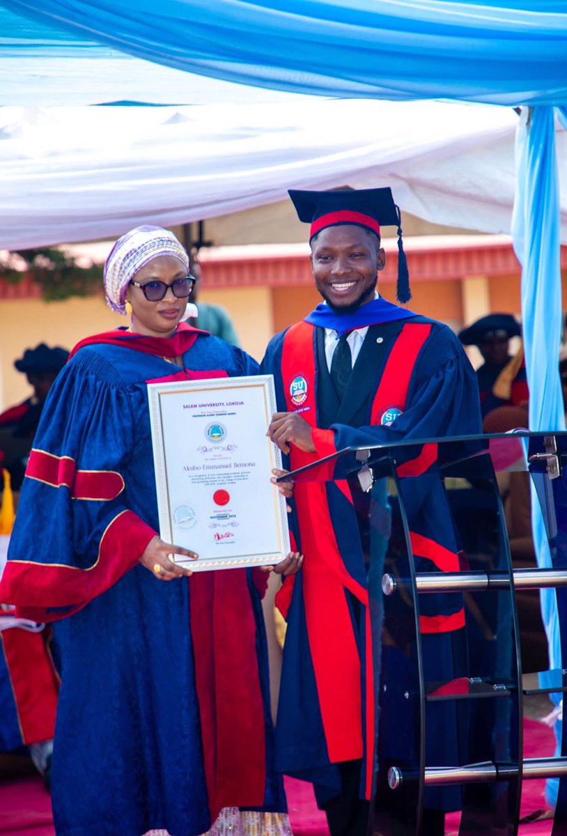 Sul_salem's tweet photo. Congratulations to Akubo Emmanuel – Best Graduating Student, College of Humanities, Salem University.  
Your creativity, dedication, and academic excellence shine as a beacon for future scholars.  
#SalemUniversity #CollegeOfHumanities #ClassOf2025 https://t.co/wPFDs8aleB