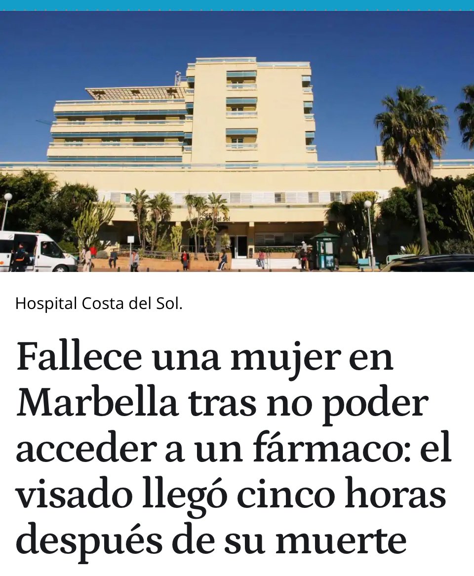 AndaluciaSinVOX's tweet image. Que paradoja que muera una mujer por el visado de una medicación en Marbella , por el alto coste económico no se la visaban al final murió esperando , mientras multimillonarios acceden a la pública y a la privada sin problema, esa es la sanidad de Moreno Bonilla en #Andalucía