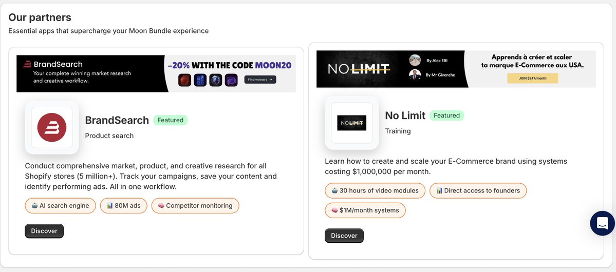 On est très fiers de vous présenter nos deux nouveaux partenaires sur Moon Bundles (100% FR 🇫🇷)

1. BrandSearch de <a href="/ChinChiChou/">D-lan</a>  (Actuellement le meilleur outil de recherche produit)

2. NOLIMIT de <a href="/shadox_a/">Alex Elfi</a> et <a href="/MrGivenche/">Mr Givenche 🏴‍☠️</a> (Next step pour ceux qui veulent scale fort)

Ça nous