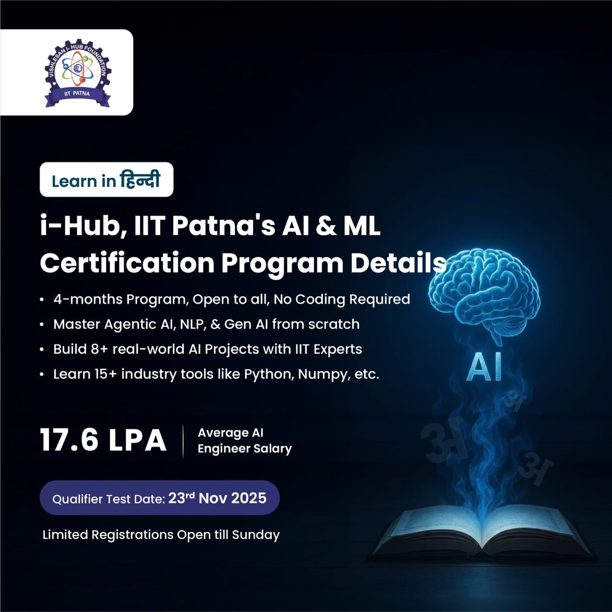 openletteryt's tweet image. First-ever AI &amp;amp; ML Program taught in Hindi by IIT Patna has been launched

Live lectures from Experts from Google, etc

Details: tinyurl.com/iitpatna-test-5

- Build 6+ live projects
- Get interview prep from recruiters
- Open to all, no coding required
- Course duration: 4 months