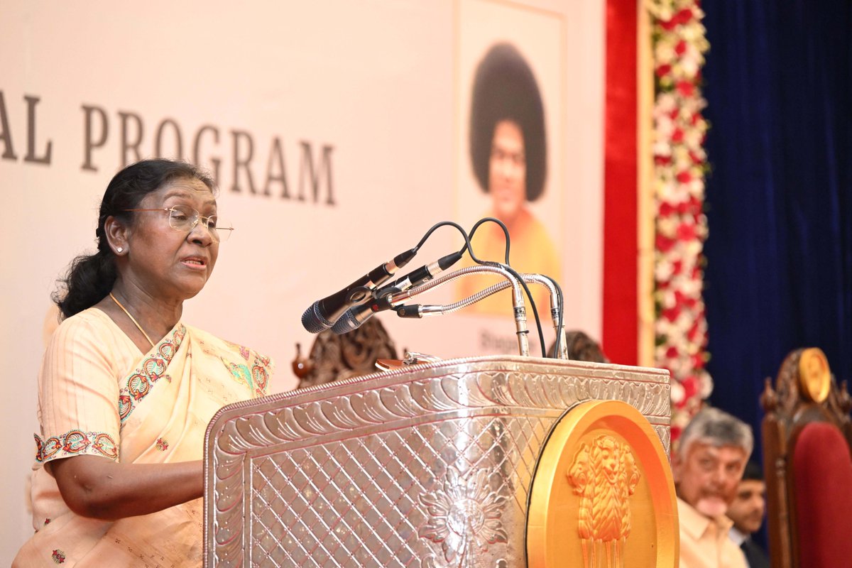 rashtrapatibhvn's tweet photo. President Droupadi Murmu graced the special event to commemorate centenary celebration of Sri Sathya Sai Baba at Prasanthi Nilayam, Puttaparthi, Andhra Pradesh. The President said that Sri Sathya Sai Baba linked spirituality with selfless service and personal transformation, inspiring millions to follow the path of service. She stated that nation-building is the duty of all organisations in accordance with the spirit of ‘Nation First’. Their contribution will help achieve our goal of making India Viksit Bharat@2047.