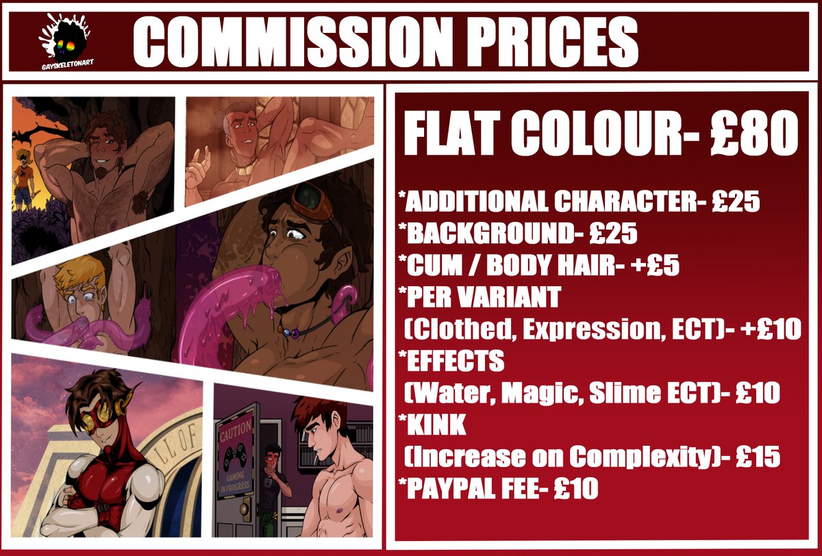 gayskeletonart's tweet photo. COMMISSION PRICES
PM me if you're interested in a commission. 
I use £ GBP (Great British Pound)    
 
My Store- https://t.co/EsJ0SNBATT
LinkTree- https://t.co/eUtz0LBCqS 

#Commission #NSFW #Porn #Gayart #Yaoi #Bara #originalcharacter #FanArt https://t.co/sfJ2EU62AB