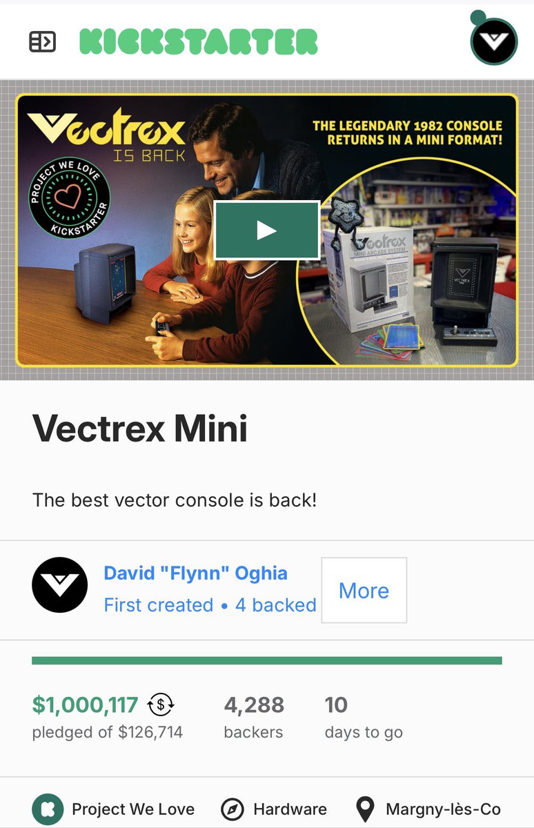 Thanks 🙏🏻 to all the backers on our <a href="/Kickstarter/">Kickstarter</a> campaign, we’ve just reached the million $ 🥹🥳 for the <a href="/VectrexOn/">Vectrex Official</a> Mini! You’re amazing!