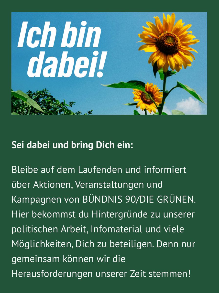 Damit eins hier mal ganz klar ist!
Ich kämpfe hier für #DieGrünen und das ausschließlich!
#DieGrünen haben die populärsten Ideen anderer Parteien im Parteiprogramm mit drin und schließen das Schlechte aus!

Es macht also gar keinen Sinn eine andere Partei zu wählen!

#SeiDabei